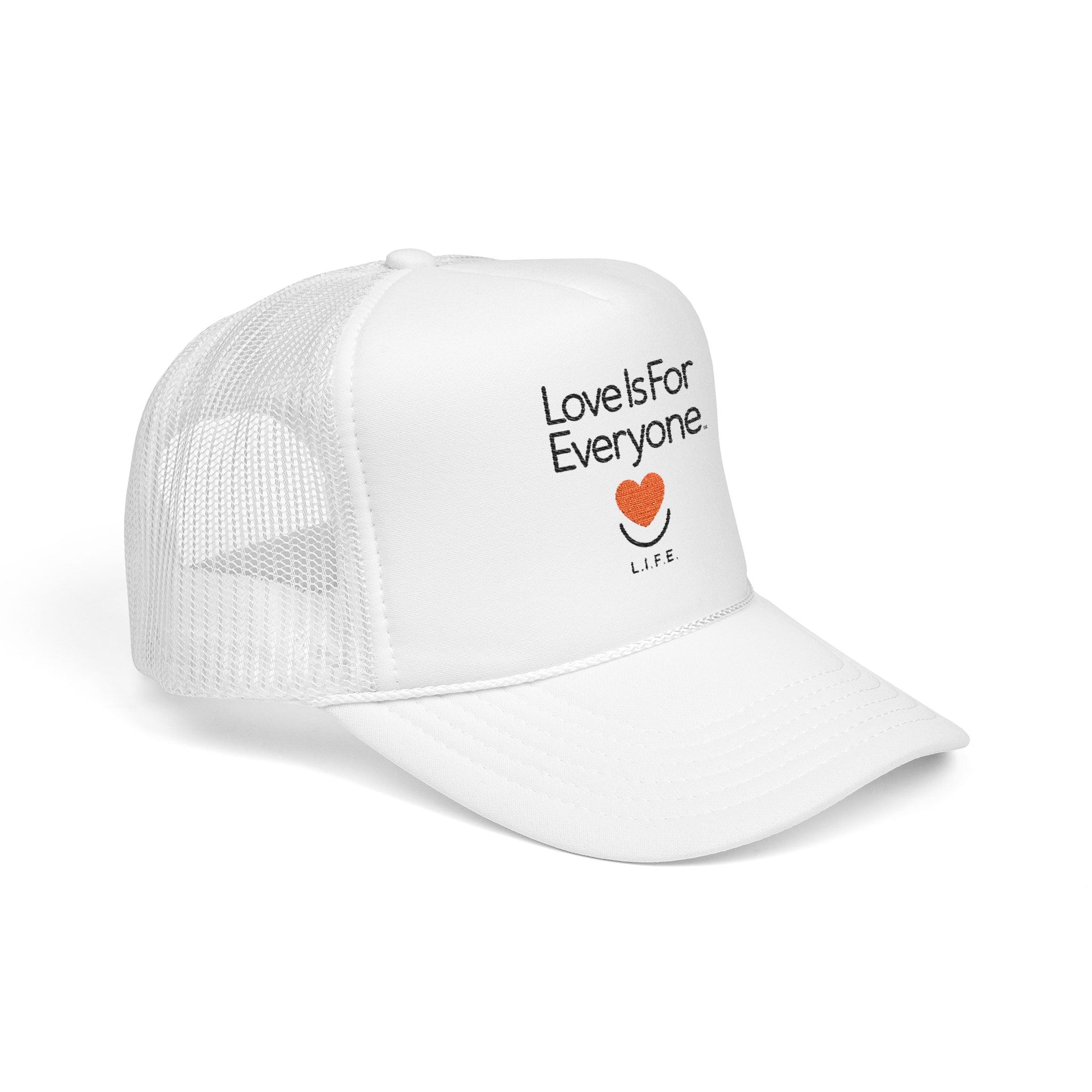 Angled view of white embroidered L.I.F.E. trucker hat. 