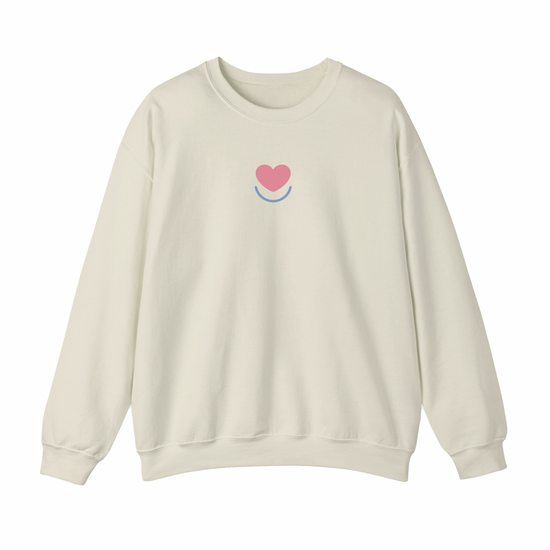 Women's Color Pop crewneck fleece, laid flat, front with chest heart logo, ribbed cuffs and hem. 