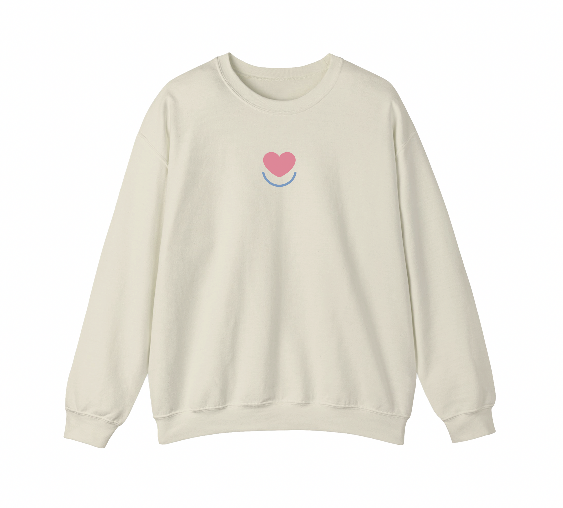 Women's Color Pop crewneck fleece, laid flat, front with chest heart logo, ribbed cuffs and hem. 