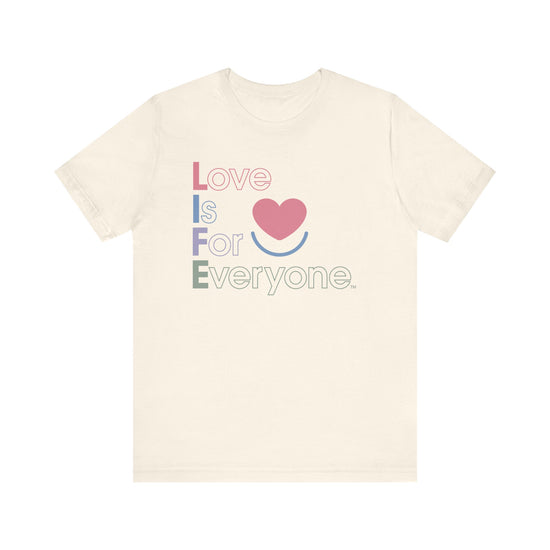 Women's Color Pop tshirt showing vertical "Love is for Everyone" print, laid flat front.