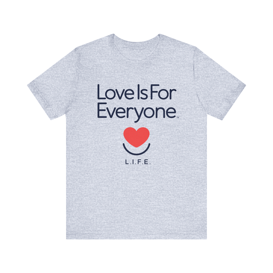 Front of athletic heather L.I.F.E. Classic Tee with smiling heart logo. 