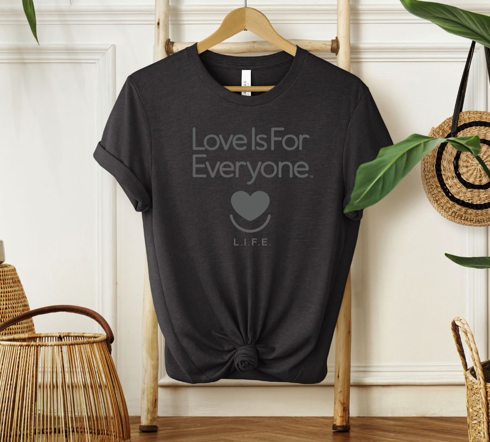 Front of grey heather L.I.F.E. Strong Spirit Tonal tee on hanger.