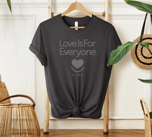 Front of grey heather L.I.F.E. Strong Spirit Tonal tee on hanger.