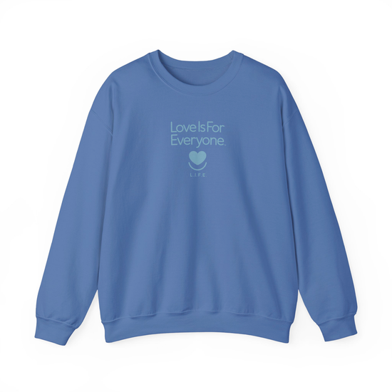 Front of indigo blue tonal L.I.F.E, graphic crewneck sweatshirt with tonal logo. 
