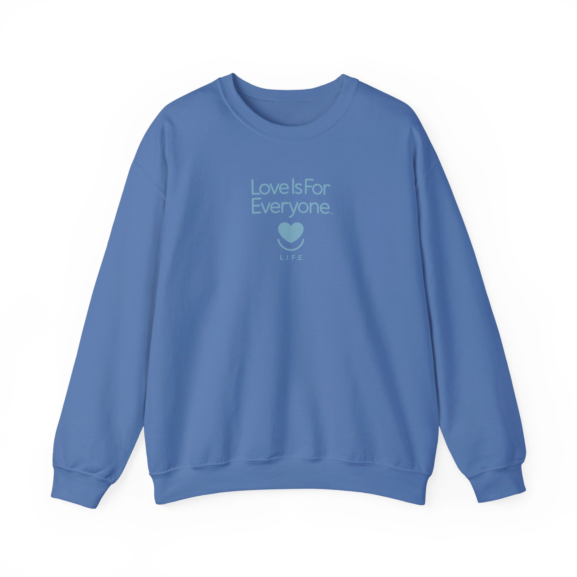 Front of indigo blue tonal L.I.F.E, graphic crewneck sweatshirt with tonal logo. 