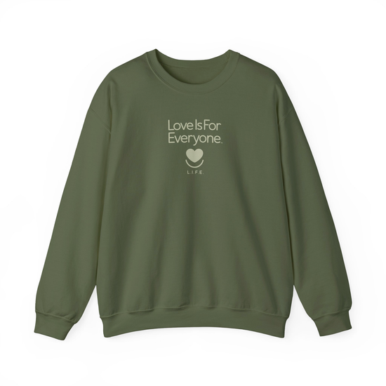 Front of military green tonal L.i.F.E. crewneck with heart logo blended to match the garment.