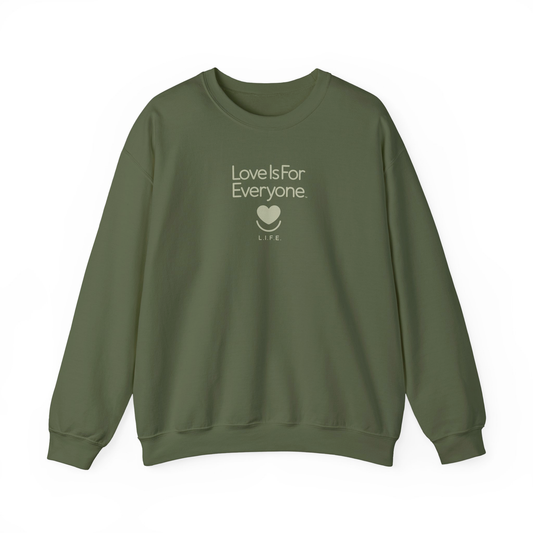 Front of military green tonal L.i.F.E. crewneck with heart logo blended to match the garment.