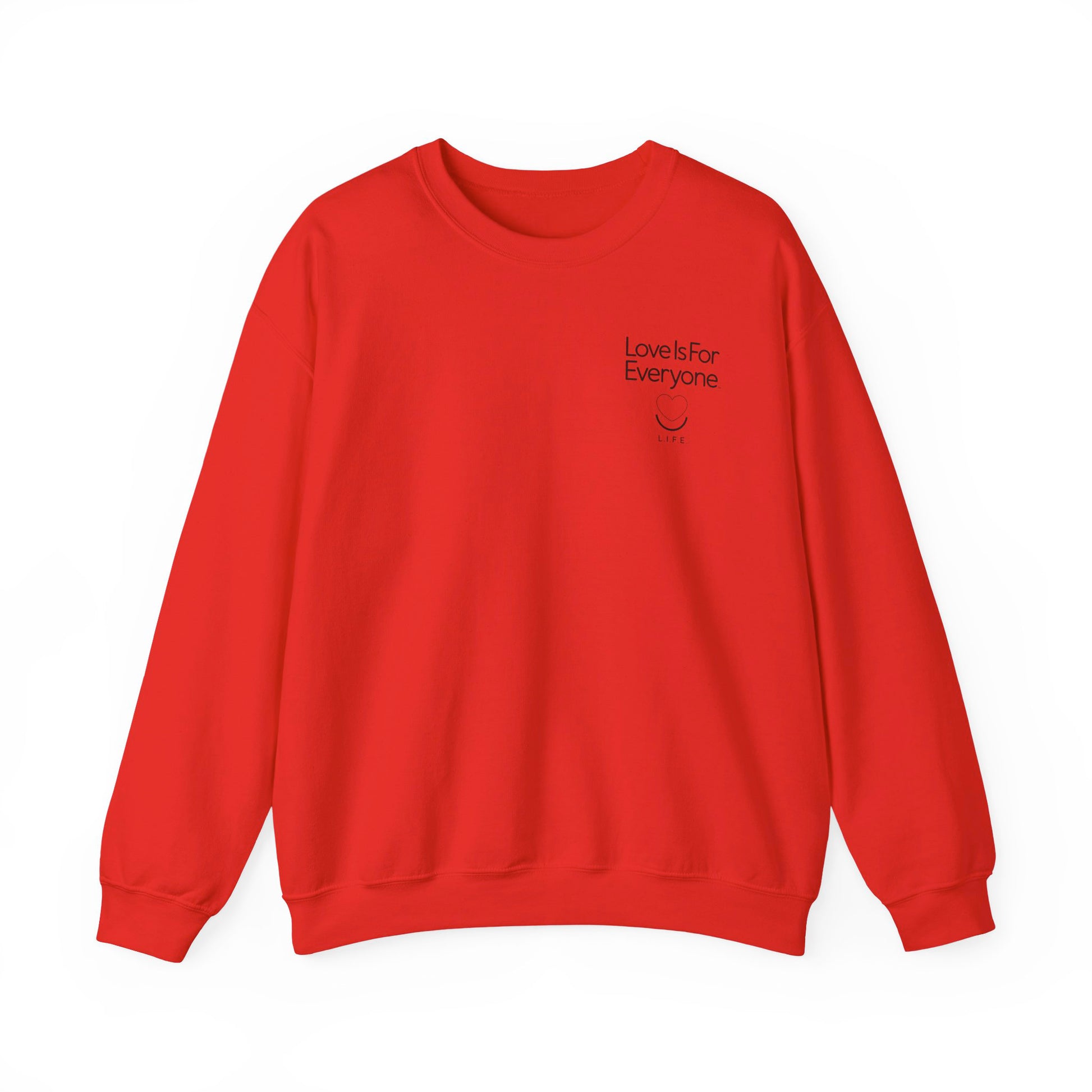 Women’s Subtly Stated crewneck red, laid flat, ribbed cuffs and hem, left chest “Love is for Everyone” print. 