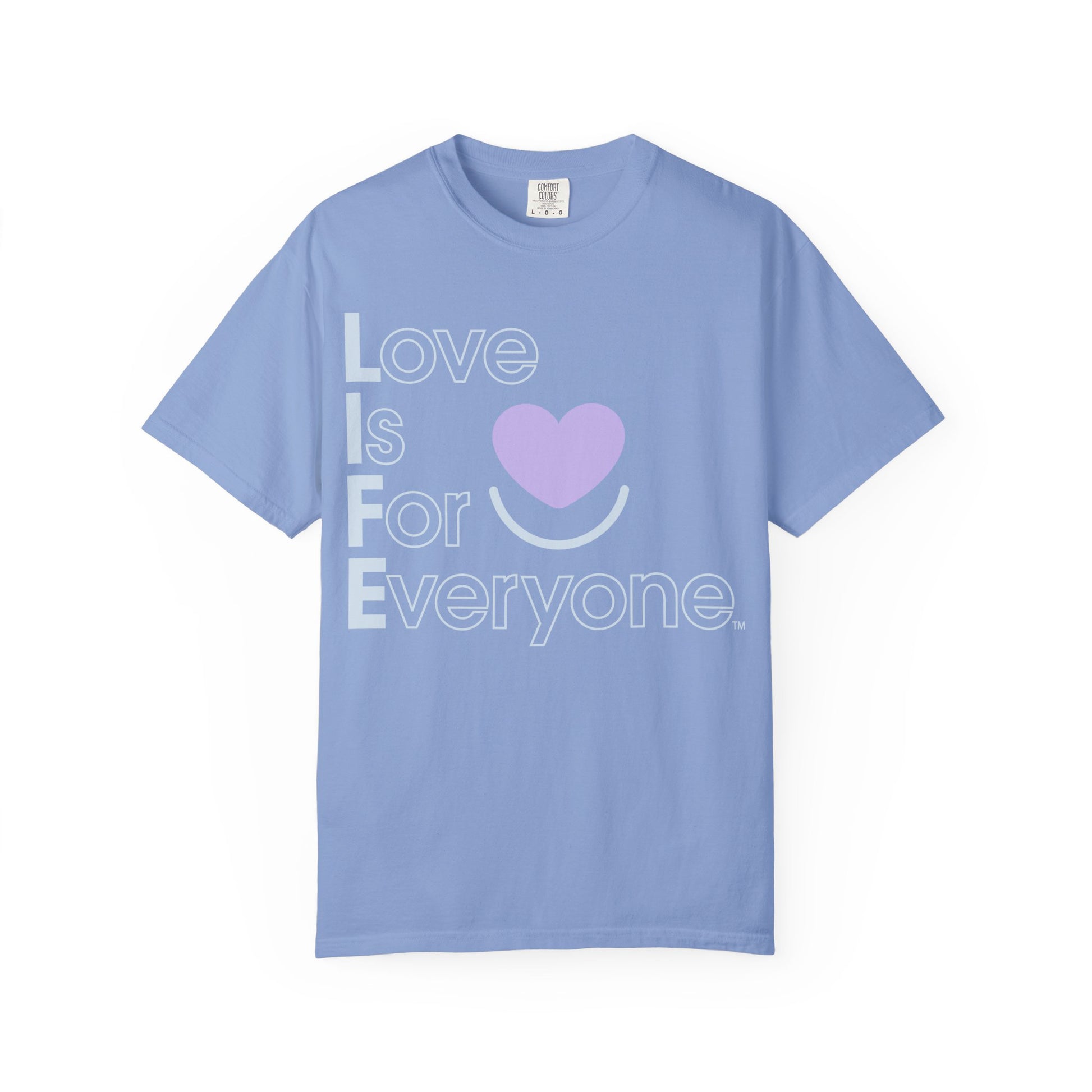 Washed Denim Comfort Colors ®  tee laid flat with vertical "Love is for Everyone" graphic. 